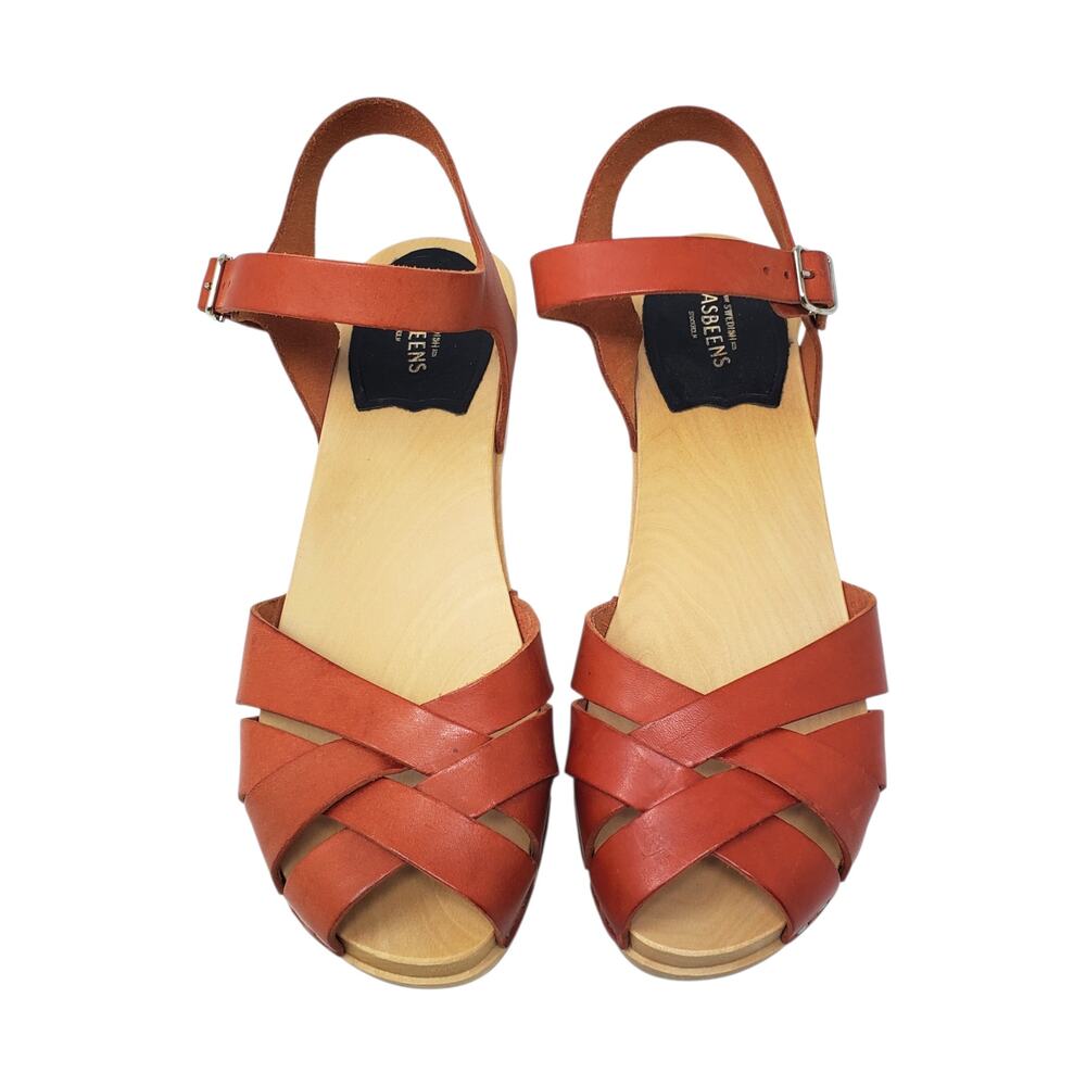 Swedish Hasbeens Magdalena Wooden Platform Clog Heel Sandals Red Leather Size 38 - Picture 3 of 11